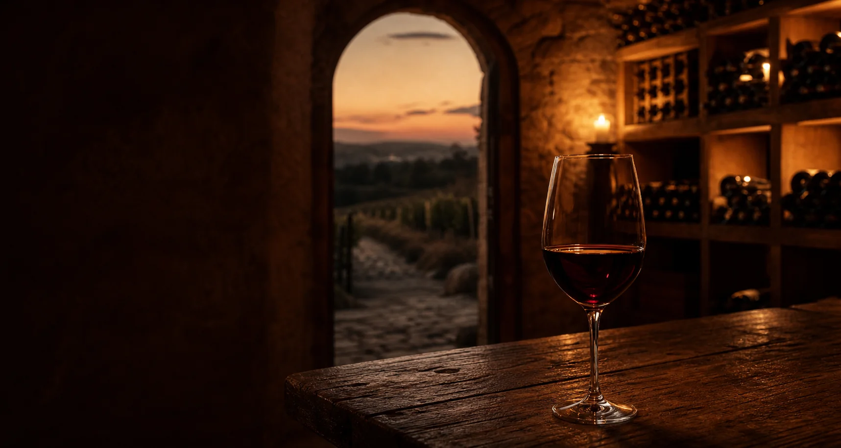Verre de vin rouge dans une cave française chaleureuse